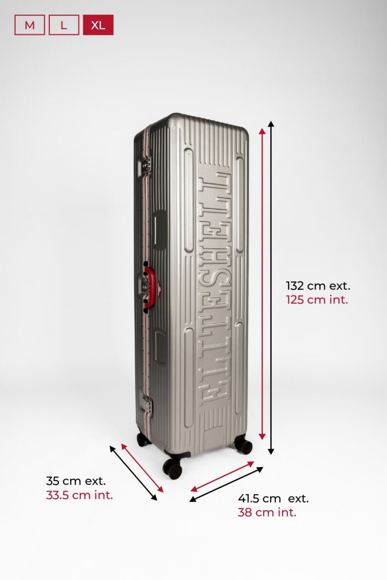 La valise grande taille XL de chez Eliteshell, avec les dimensions illustrées : Extérieur – 35 x 41.5 x 132 cm Intérieur – 33.5 x 38 x 125 cm
