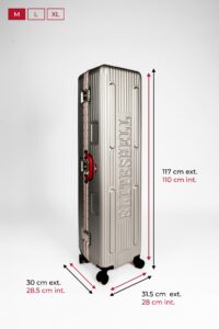 La valise grande taille L de chez Eliteshell, avec les dimensions illustrées : Extérieur – 32.5 x 36.5 x 124.5 cm Intérieur – 31 x 33 x 117.5 cm