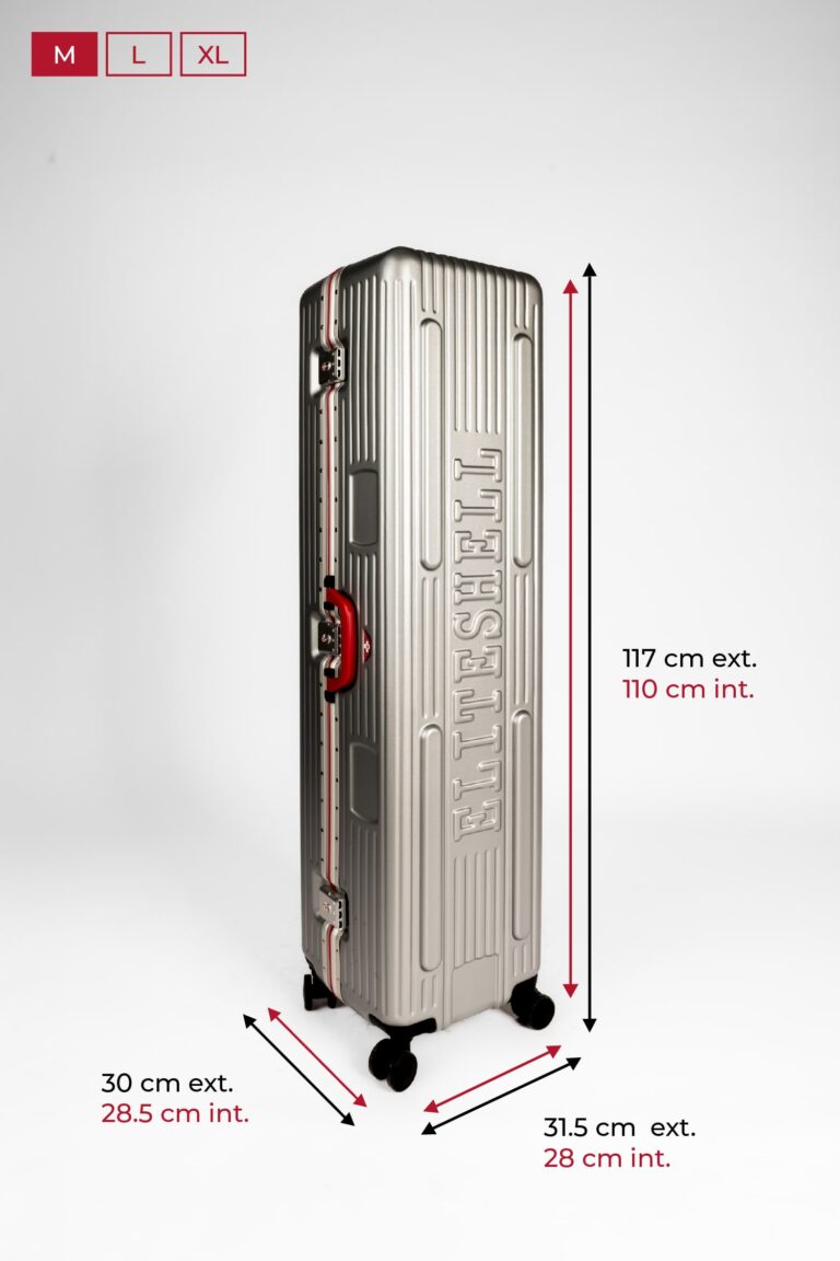 La valise grande taille L de chez Eliteshell, avec les dimensions illustrées : Extérieur – 32.5 x 36.5 x 124.5 cm Intérieur – 31 x 33 x 117.5 cm